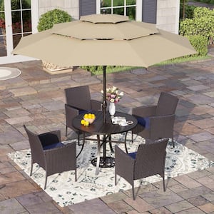 Black 6-Piece Metal Patio Outdoor Dining Sets with Round Table, Beige Umbrella and Rattan Chairs with Blue Cushion