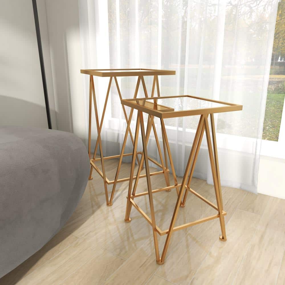 Sleek Gold Metal and Mirrored Glass Square Accent Table Set