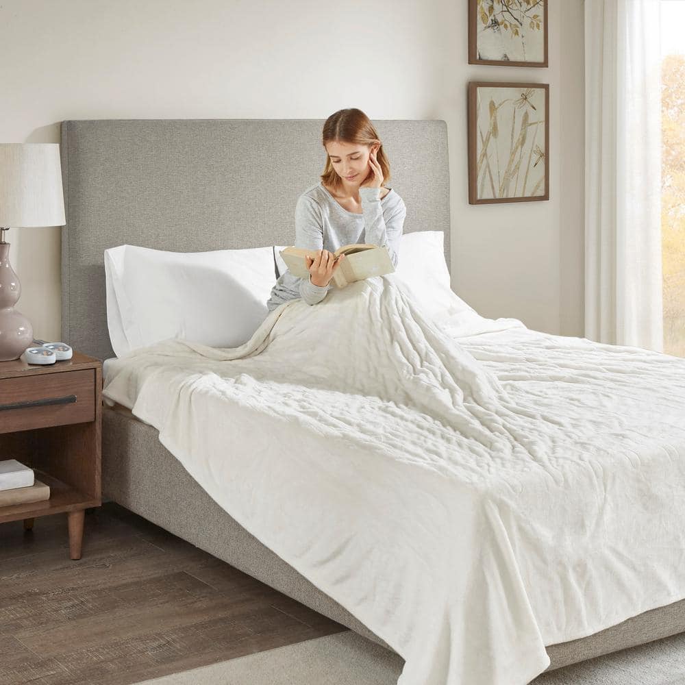 Ivory Twin Heated Plush Electric Blanket with Dual Controllers