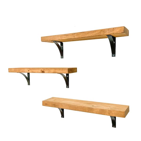 Intrinsic Haven Industrial Grace 24 in. W x 5.5 in. D Light Brown Pine Wood (Set of 3) Simple Bracket Decorative Wall Shelf Set