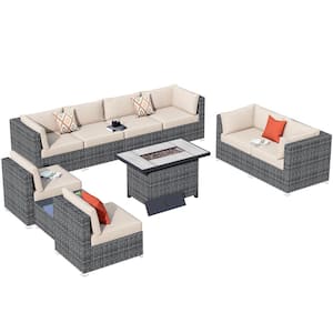 Messi Grey 10-Piece Wicker Outdoor Patio Fire Pit Conversation Sofa Sectional Set with Beige Cushions