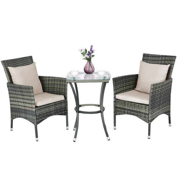 Costway 3-Piece Rattan Wicker Patio Conversation Set Garden Furniture with Beige Cushions