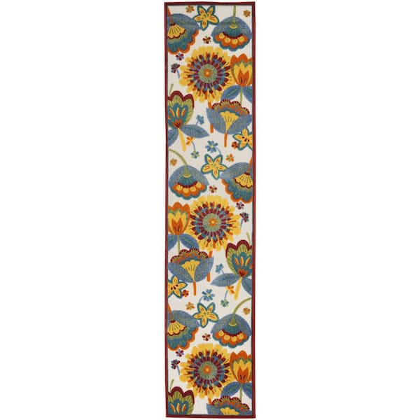 HomeRoots Charlie 2 X 12 ft. White Yellow and Blue Floral Indoor/Outdoor Area Rug