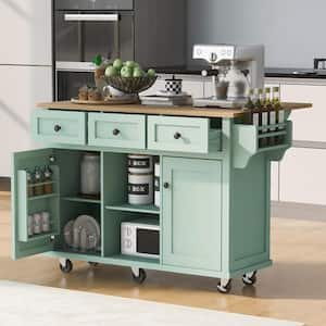 Mint Green Rolling Rubber Wood Drop-Leaf Countertop 53 in. Kitchen Island