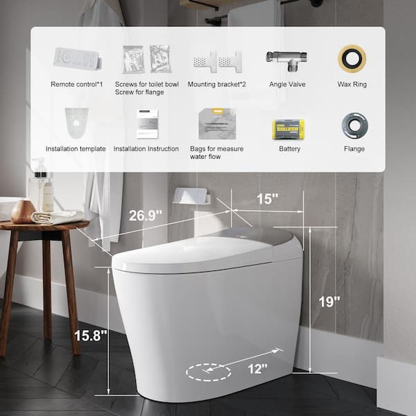 HOROW Tankless Elongated Smart Toilet Bidet in White with Auto 