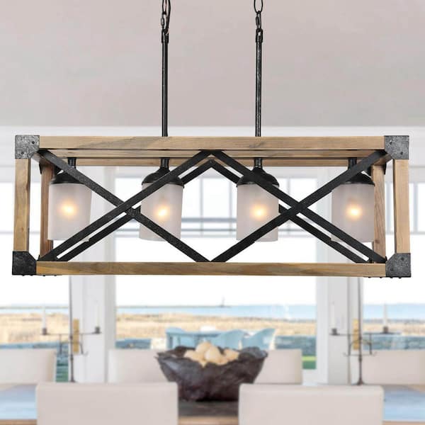 LNC Farmhouse Dining Room Chandelier 4-Light Brown Wood Kitchen Island Pendant with White Frosted Glass Raw Iron Accents