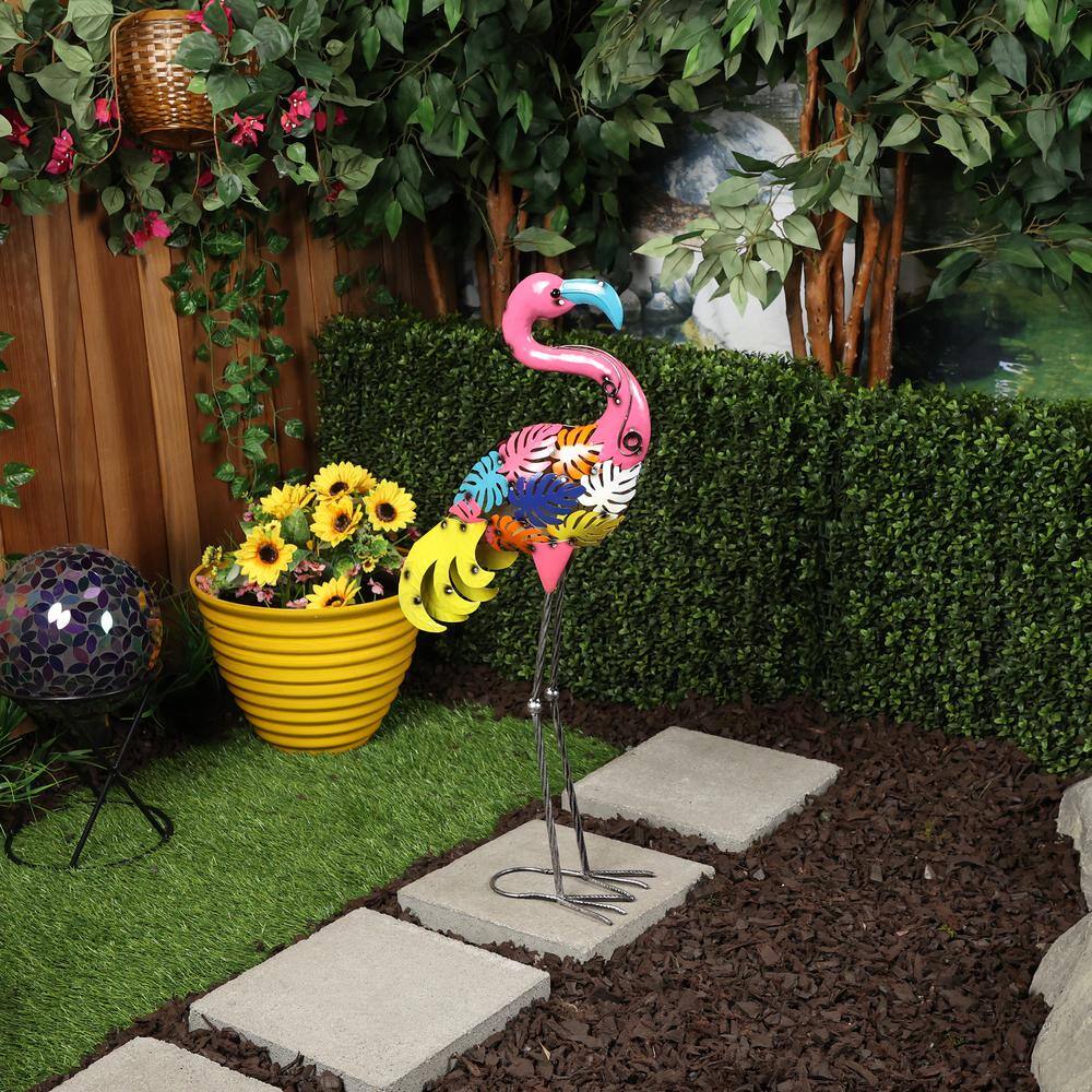 Colorful Metal Flamingo Garden Statue with Palm Leaf Design
