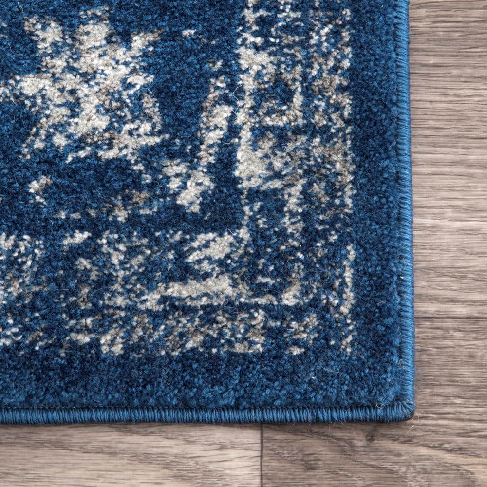 Dark Blue Medallion Synthetic Square Area Rug 8' x 8'