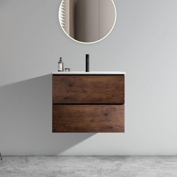 Unbranded 24 in. W x 18 in. D x 21 in. H Single Sink Wall-Mounted Bath Vanity in Walnut with White Ceramic Top