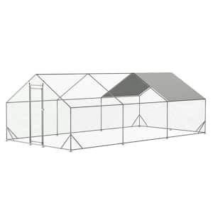 10' L x 20' W x 6.56' H, Metal Chicken Coop, Walk-In with Waterproof Cover, Lockable, Pointed Roof, White
