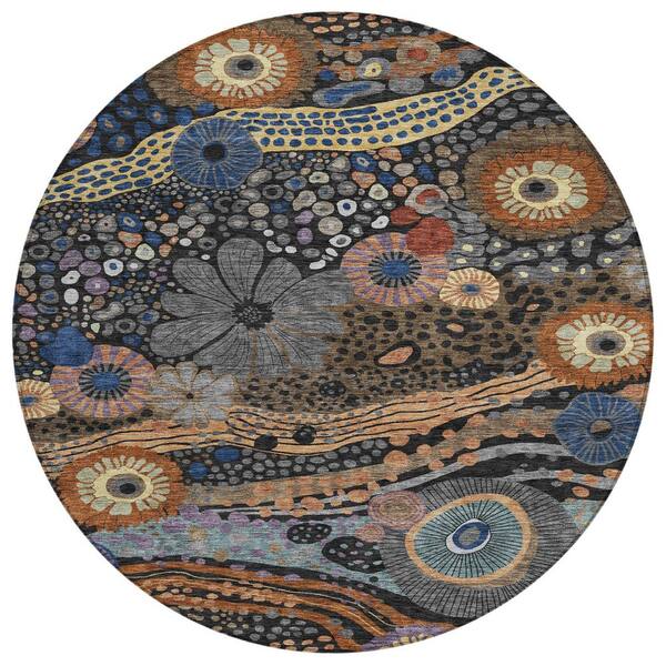 Chantille Machine Washable Indoor/Outdoor Abstract ACN2498 Black 8 ft. x 8 ft. Round Rug