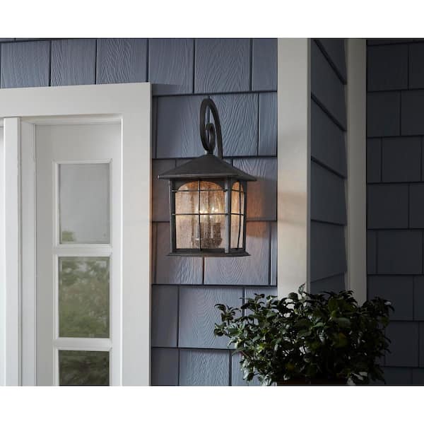 Brimfield 17.5 in. Aged Iron 3-Light Line Voltage Outdoor Wall Light Sconce with No Bulbs Included