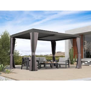 10 ft. x 13 ft. Gray Aluminum Louvered Pergola Hardtop Gazebo with Adjustable Sun Shade Shed Roof and Netting Curtains