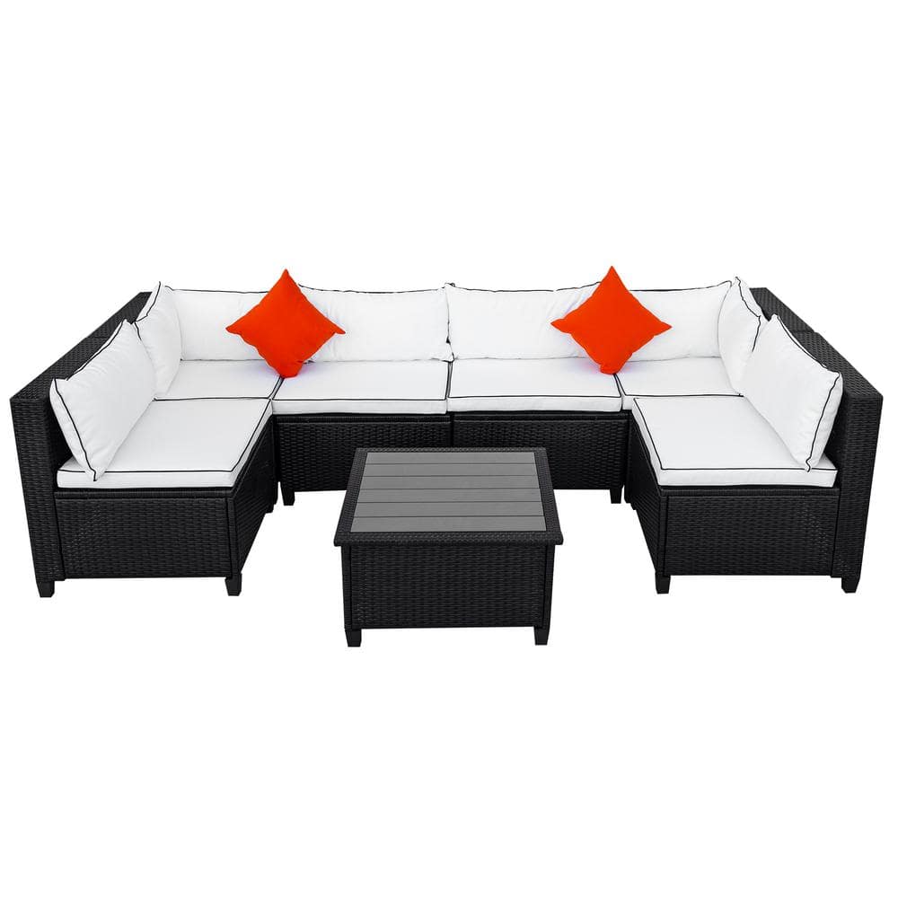 U-Shape 7-Piece Wicker Outdoor Sectional Patio Set with Beige Cushions