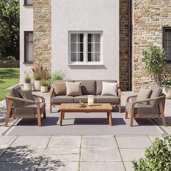 Manilva 4 Piece Acacia Wood Outdoor Patio Conversation Set with Light Taupe Cushions