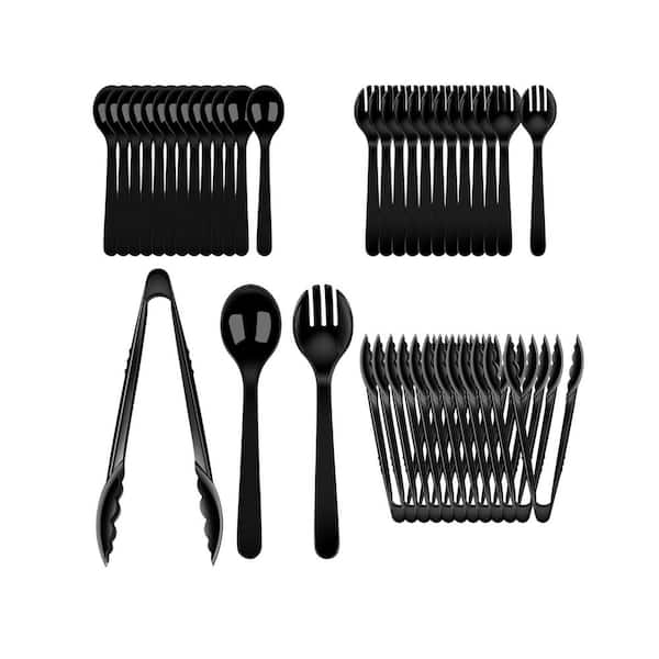 Black Disposable Serving Utensil Set for Parties Heavy Duty BPA Free Easy Clean Spoons Forks Tongs 36 Pieces