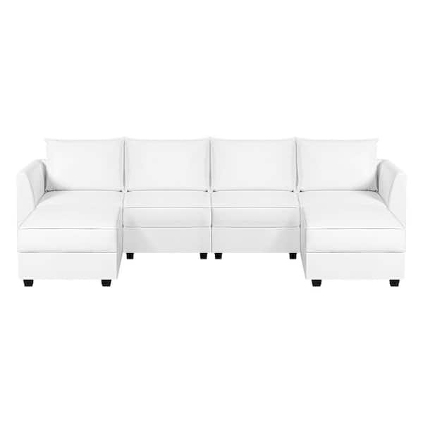 56.1 in. Armless 4-piece Faux Leather U-Shaped Sectional Sofa in. Bright White with Reversible Chaise and Double Ottoman