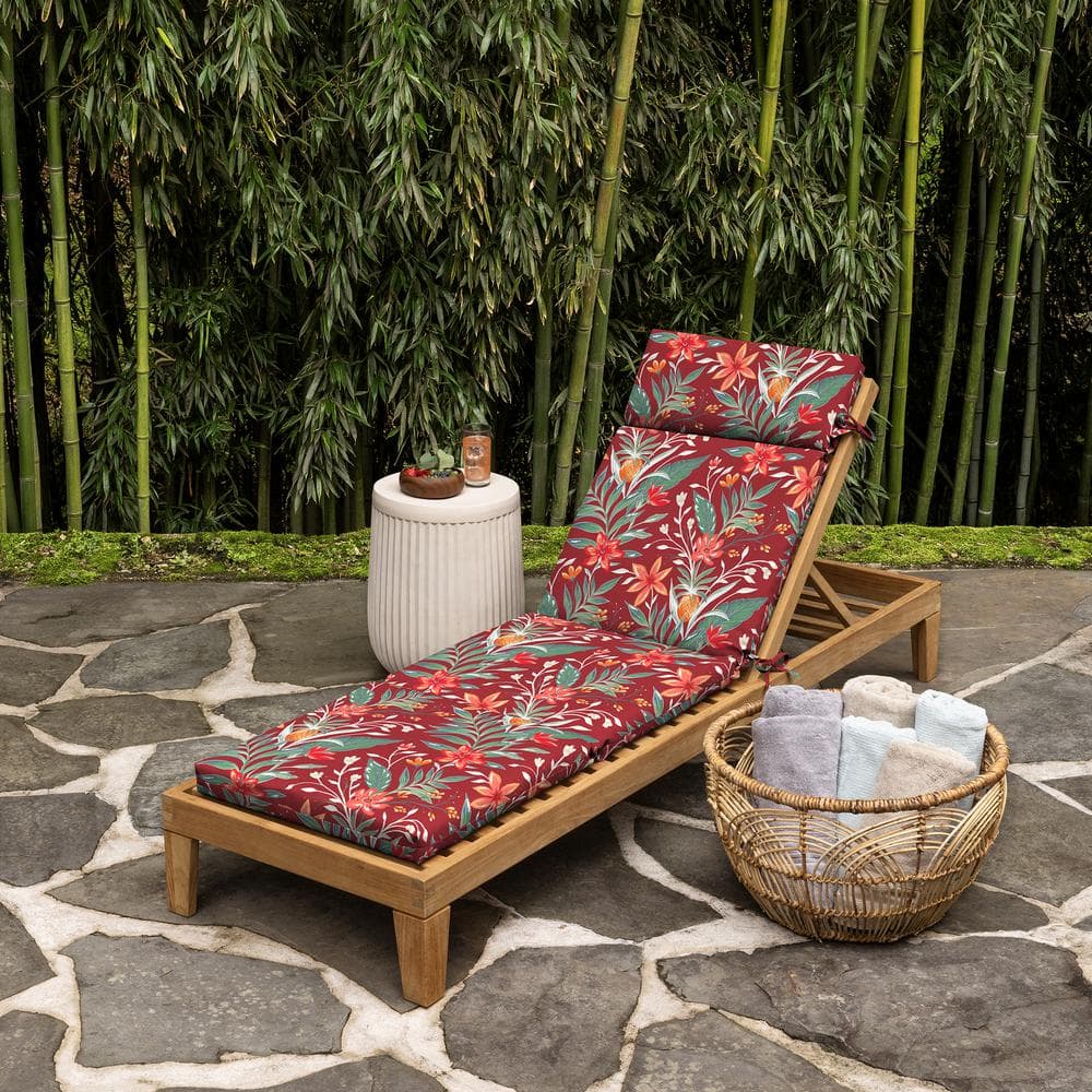 Luau Red Tropical Floral Bamboo Polyester Outdoor Chaise Cushion