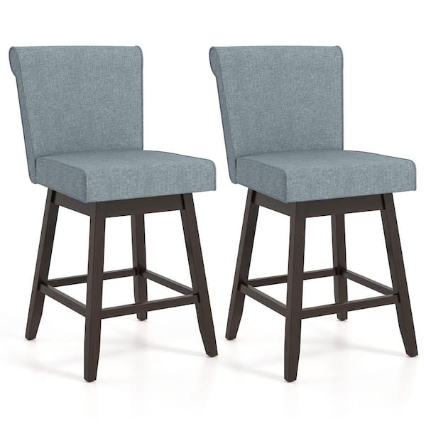 Swivel Wood Outdoor Bar Stool with Gray Cushion, Rubber Wood Legs, Set of 2