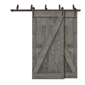 60 in. x 84 in. Z Bar Bypass Weather Gray Stained Solid Pine Wood Interior Double Sliding Barn Door with Hardware Kit