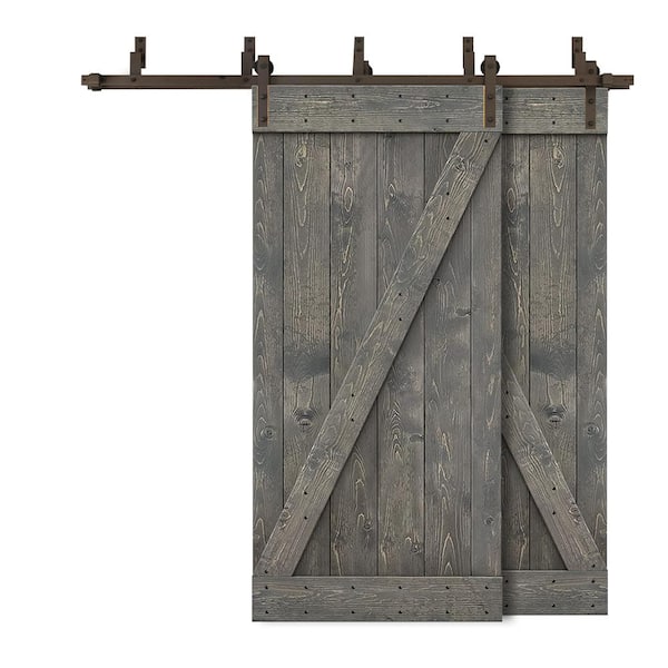 CALHOME 96 in. x 84 in. Z-Bar Bypass Weather Gray Stained DIY Solid Wood Interior Double Sliding Barn Door with Hardware Kit