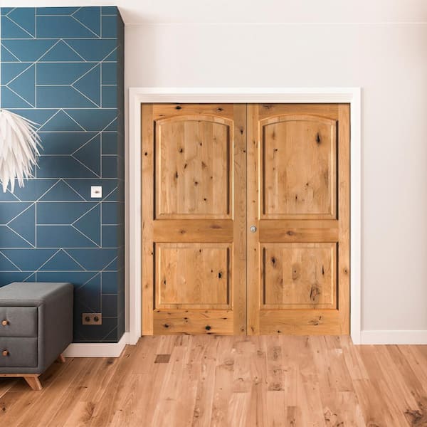 56 in. x 80 in. Knotty Alder 2 Panel Right-Handed Clear Stain Wood Double Prehung Interior Door