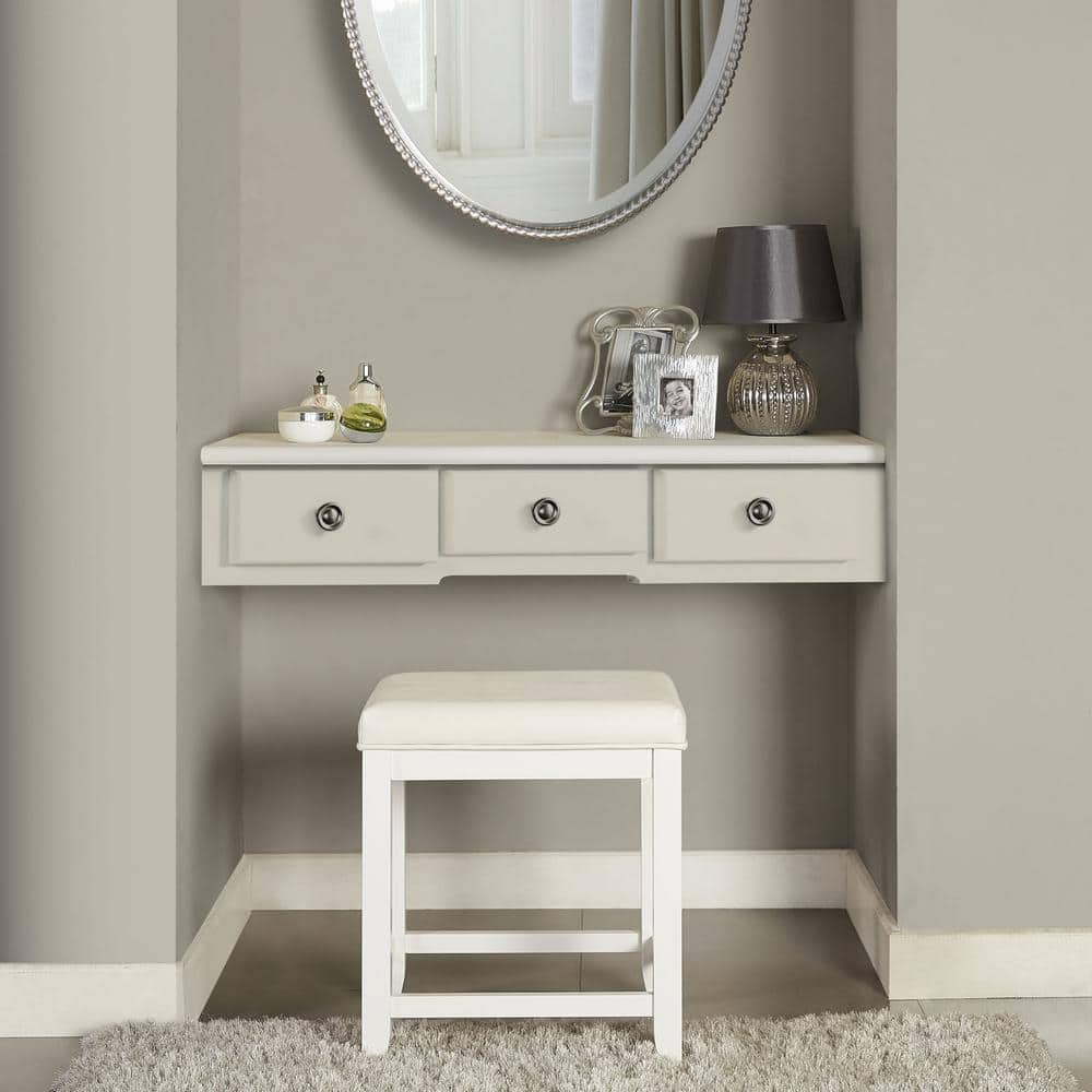 Vista White Solid Pine Wood Vanity Stool with Faux Leather Seat