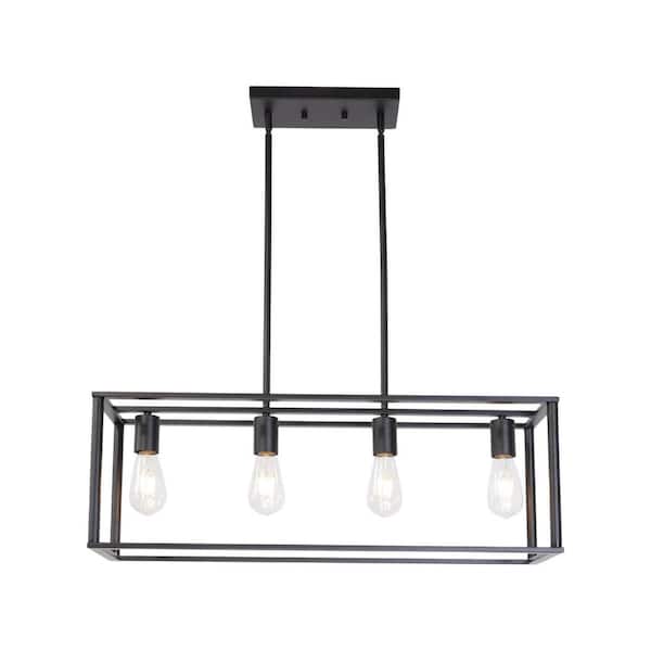 4-Light Black Industrial Vintage Open Frame Rectangle Chandelier Modern Black Linear Cage Ceiling Light Fixture