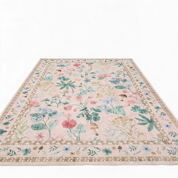 Beige 9 ft. X 12 ft. Modern Floral Washable Low Pile Non-Slip Indoor Carpet for Living Room Bedroom Dining Room Area Rug