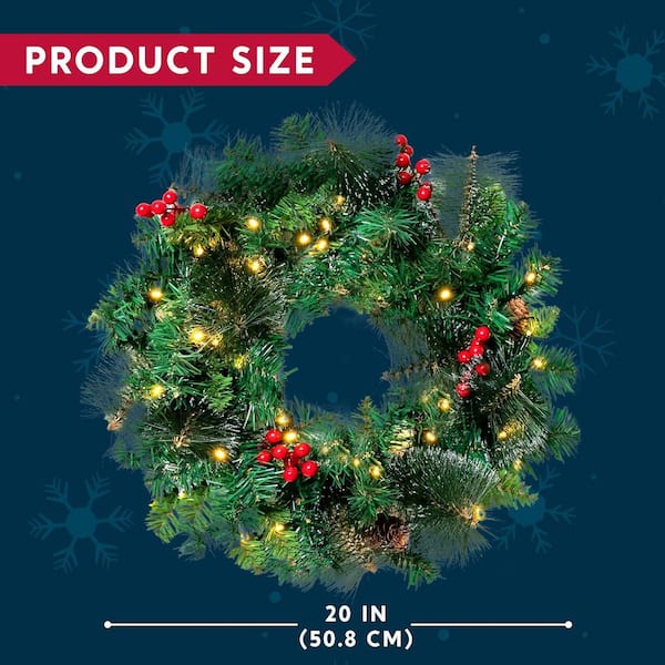 20 in. Artificial Christmas Wreath with 15 in. Hanger, Battery Operated