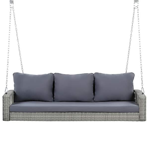 Sudzendf 3-Person Gray PE Wicker Porch Swing, Large Patio Swing Bench with Gray Cushions and Chains
