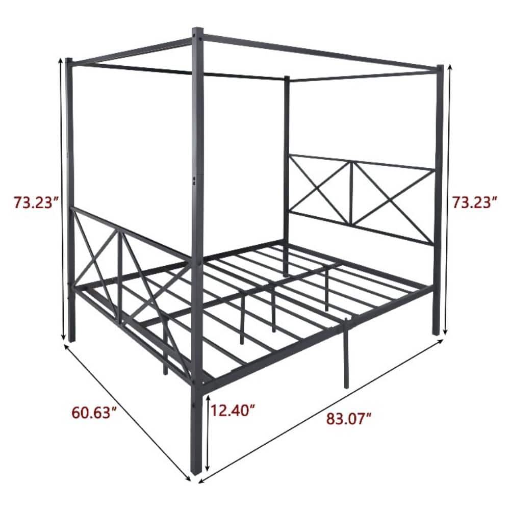 ANBAZAR Black 60 in. W Queen Size Metal Canopy Bed with xShaped