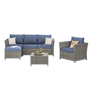 Bella Gray 6-Piece Wicker Outdoor Sectional Set with Denim Blue Cushions