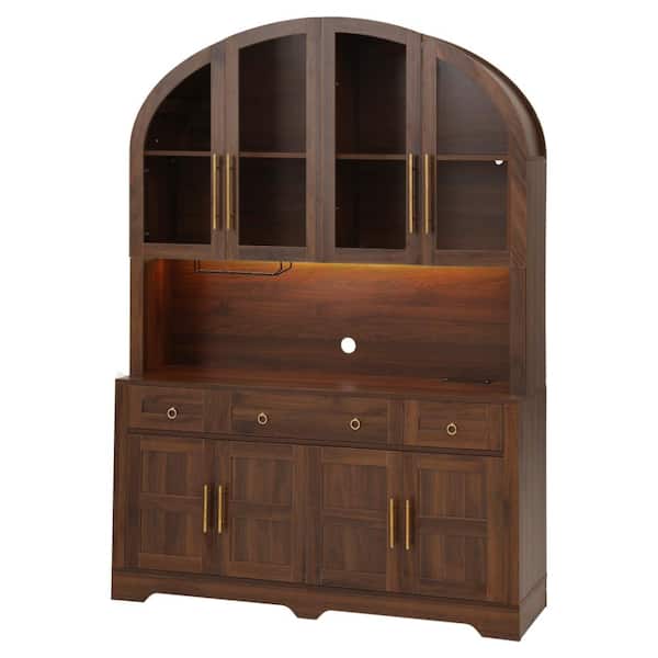 75.8 in Walnut Brown Tall Arched Kitchen Pantry Organizer Storage Cabinet with Charging Station