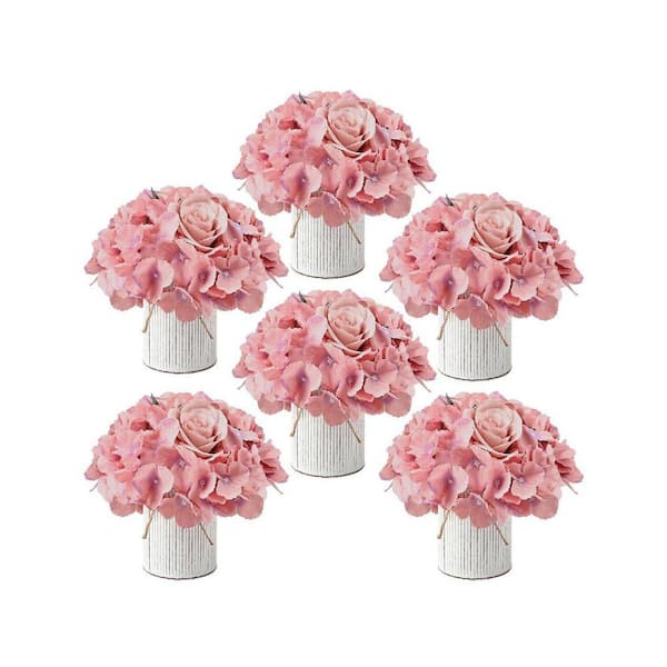 8 in. Pink Indoor Artificial Hydrangeas Floral Arrangement in