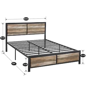 Metal Bed Frame Slate Brown Metal Frame Full Size Platform Bed with Rustic Country Style Wooden Headboard and Footboard