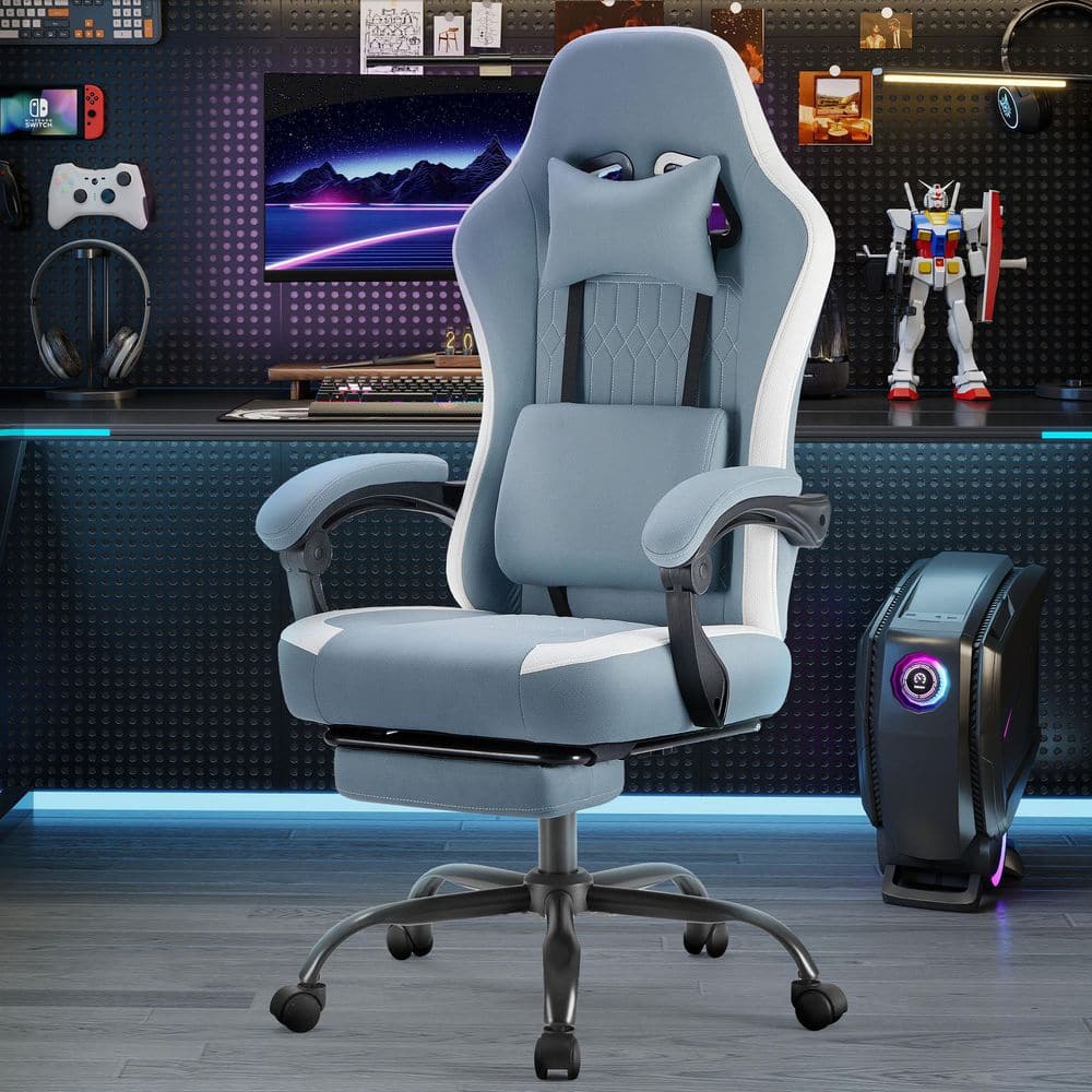 Fabric Reclining Ergonomic Gaming Chair in Blue with Arms Adjustable Height and 360° Rotating Wheels