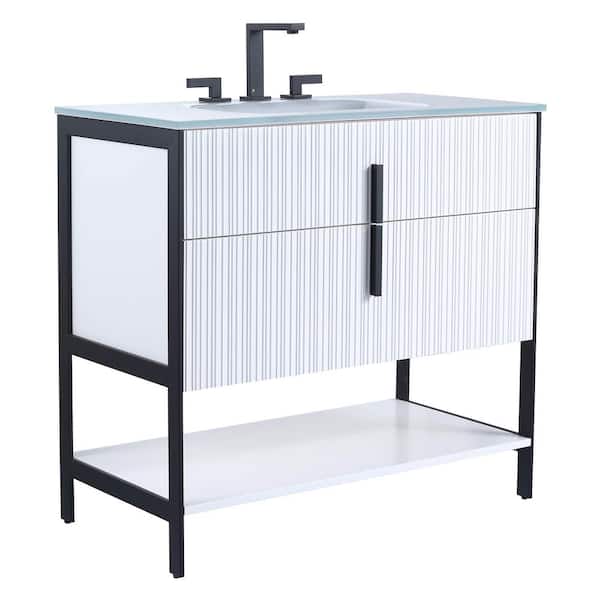 FINE FIXTURES 36 in. W x 18 in. D x 33.5 in. H Bath Vanity in White Matte with Glass Vanity Top in White with Black Hardware