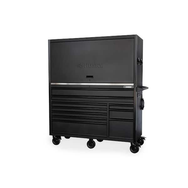 62 in. W x 24 in. D Heavy-Duty 10-Drawer Mobile Workbench with Stainless Steel Work Top Combo Hutch in Matte Black