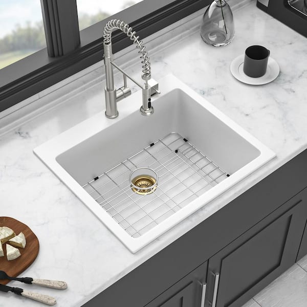 25 In. Drop in Single Bowl White Bowl Quartz Kitchen Sink Basin with Bottom Grid