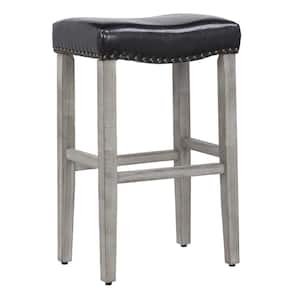 Jameson 29 in. Bar Height Antique Gray Wood Backless Nailhead Barstool with Upholstered Black Faux Leather Saddle Seat
