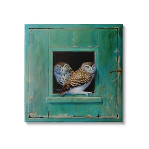Spotted Owls Perched Rustic Green Door Ledge by Alan Weston Unframed Animal Art Print 17 in. x 17 in.