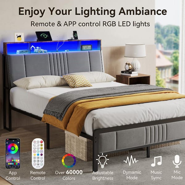 Gray Metal Frame Queen Platform Bed with LED Lights, Charging Station, No Box Spring Needed, Noise Free, Easy Assembly