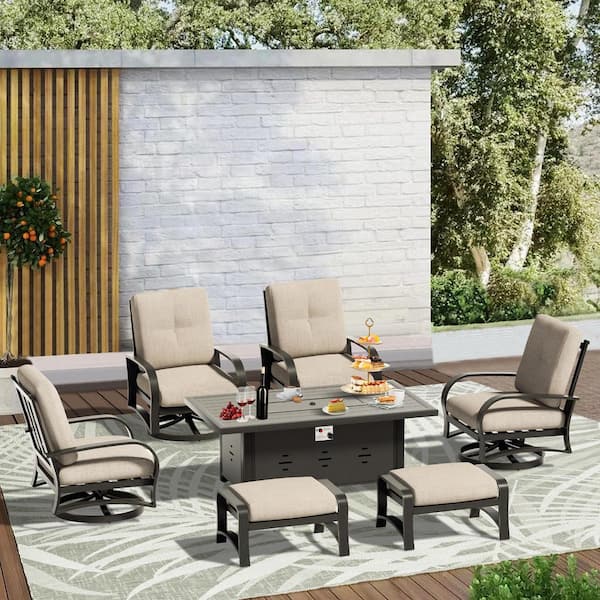 ULAX FURNITURE 7-Piece Aluminum Outdoor Conversation Set with Fire Pit Table, Swivel Lounge Chair