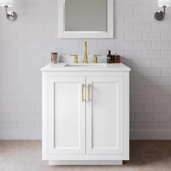 Wyndham Collection Miranda 30 in. W x 22 in. D x 33.75 in. H Single Bath Vanity in White with White Quartz Top and 24 in. Mirror