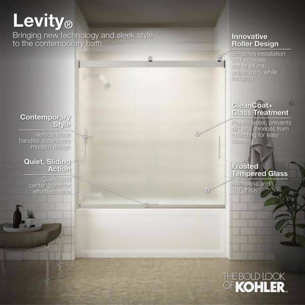 Levity 59.625 in. W x 59.75 in. H Frameless Sliding Tub Door with Towel Bars in Anodized Dark Bronze Levity 59.625 in. W x 59.75 in. H Frameless Sliding Tub Door with Towel Bars in Anodized Dark Bronze