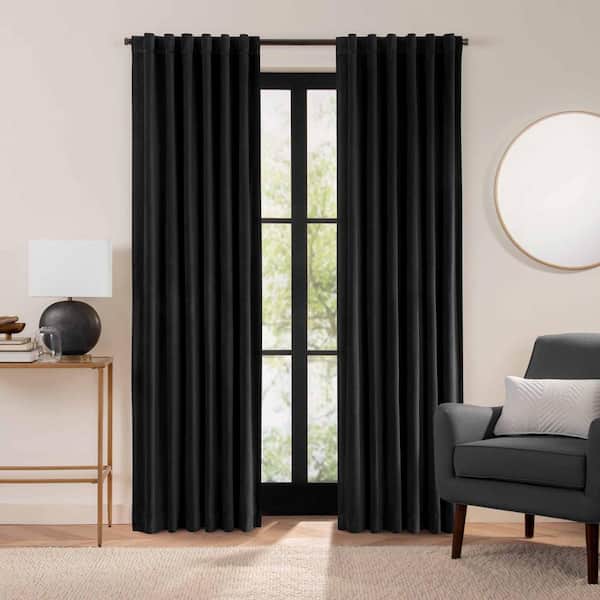Eclipse Luxury Cotton Velvet Black Solid Cotton 96 in. L x 50 in. W 100% Blackout Single Panel Rod Pocket Back Tab Curtain