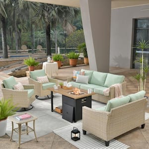 Camellia E Beige 6-Piece Wicker Patio New Style Fire Pit Seating Set with Mint Green Cushions and Swivel Rocking Chairs