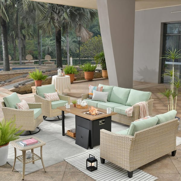 weaxty W Camellia E Beige 6-Piece Wicker Patio New Style Fire Pit Seating Set with Mint Green Cushions and Swivel Rocking Chairs