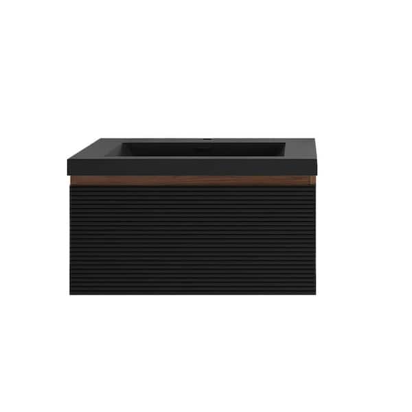 30 in. Wall-Mounted Mature oak Bath Vanity with Matte Black Cultured Marble Top Unassembled